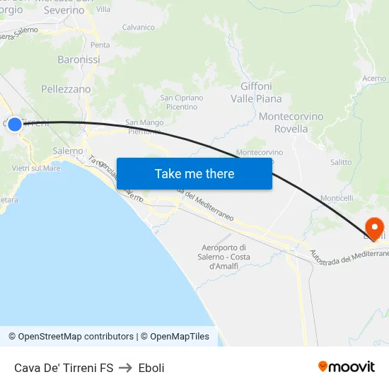 Cava De' Tirreni Station to Eboli map