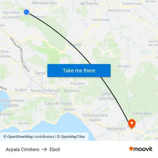 Arpaia Cemetery to Eboli map