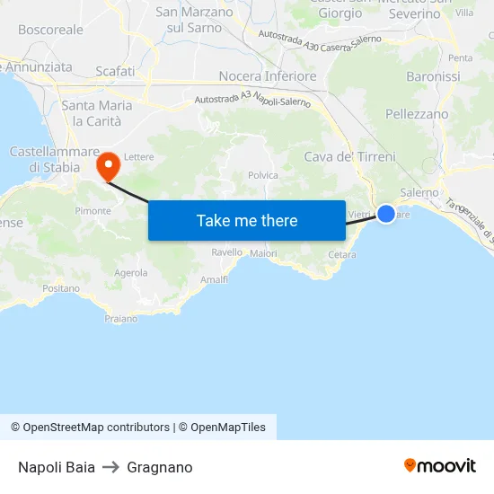 Naples Baia to Gragnano map