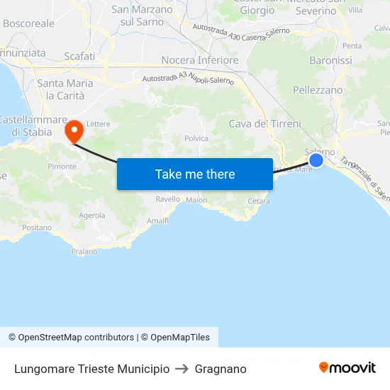 Trieste Waterfront City Hall to Gragnano map