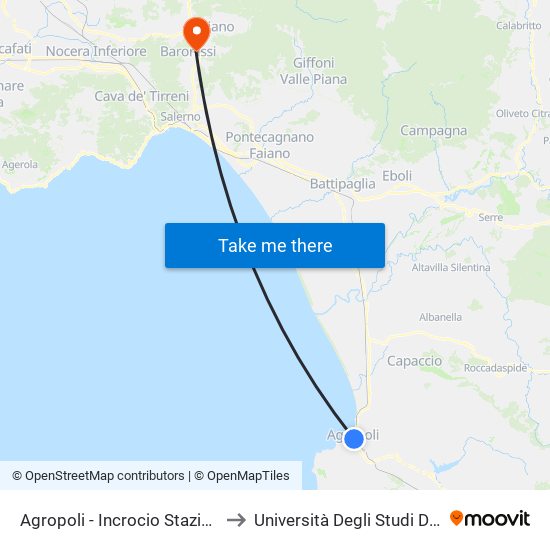 Agropoli - Incrocio Stazione Ff.Ss. to Università Degli Studi Di Salerno map