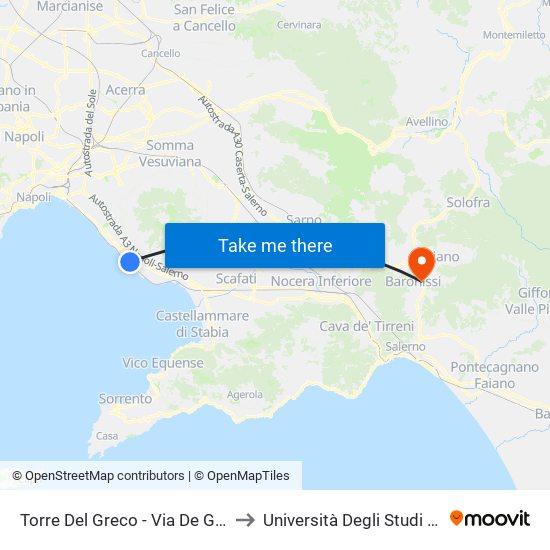 Torre Del Greco - Via De Gasperi, 130 to Università Degli Studi Di Salerno map