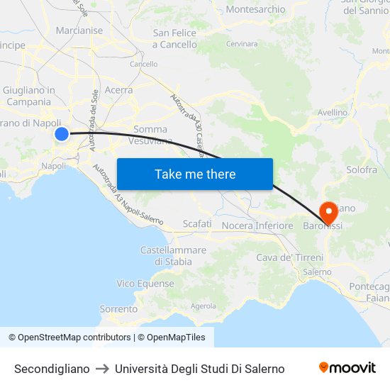 Secondigliano to Università Degli Studi Di Salerno map