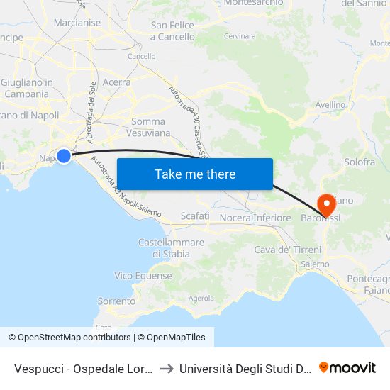 Vespucci - Ospedale Loreto Mare to Università Degli Studi Di Salerno map