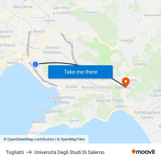 Togliatti to Università Degli Studi Di Salerno map