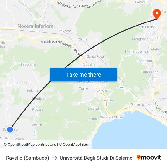 Ravello (Sambuco) to Università Degli Studi Di Salerno map