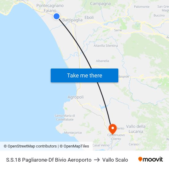 S.S.18 Pagliarone-Df Bivio Aeroporto to Vallo Scalo map