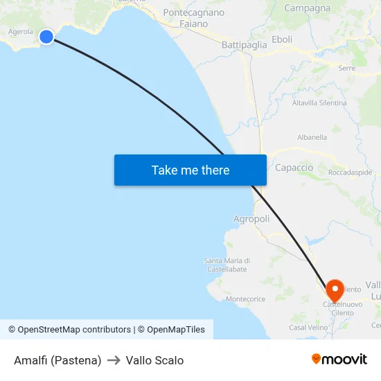 Amalfi (Pastena) to Vallo Scalo map