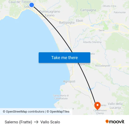 Salerno (Fratte) to Vallo Scalo map