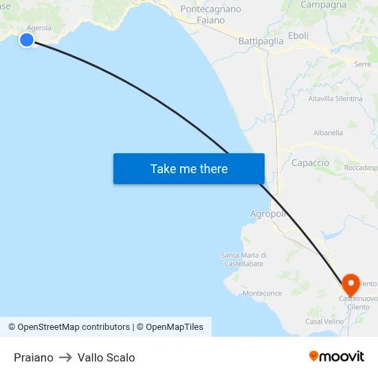 Praiano to Vallo Scalo map