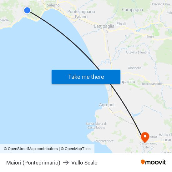 Maiori (Ponteprimario) to Vallo Scalo map