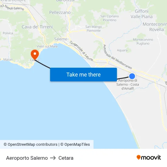 Salerno Airport to Cetara map