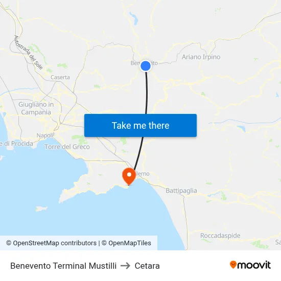 Benevento Mustilli Terminal to Cetara map