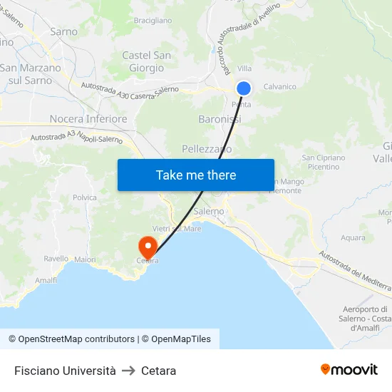 Fisciano University to Cetara map