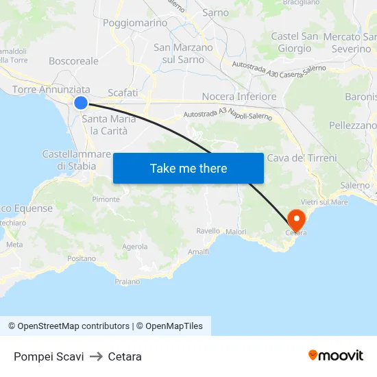 Pompeii Excavations to Cetara map