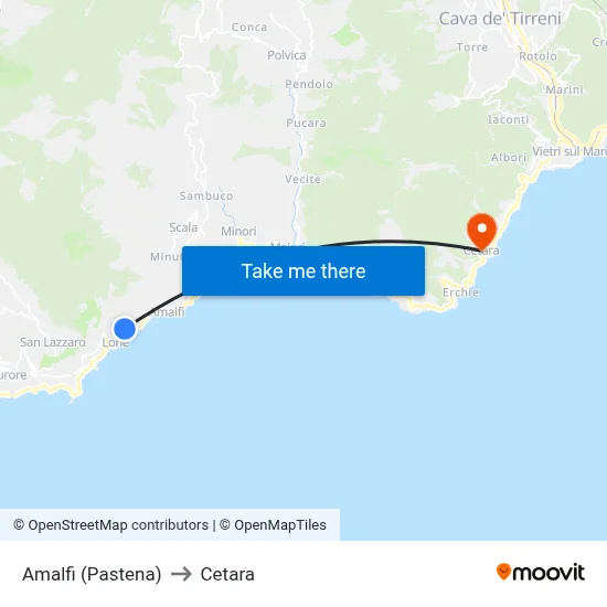 Amalfi (Pastena) to Cetara map