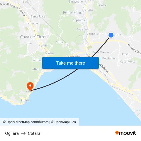 Ogliara to Cetara map