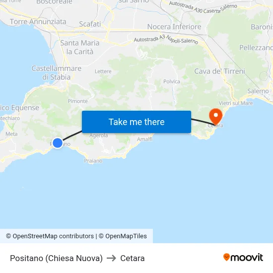 Positano (New Church) to Cetara map