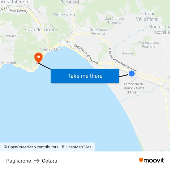 Pagliarone to Cetara map