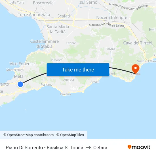Piano Di Sorrento - Holy Trinity Basilica to Cetara map