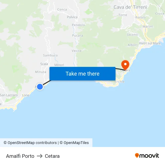 Amalfi Port to Cetara map