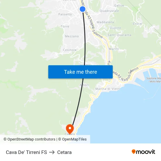 Cava De' Tirreni Station to Cetara map
