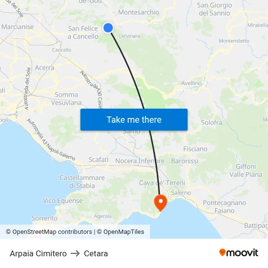 Arpaia Cemetery to Cetara map