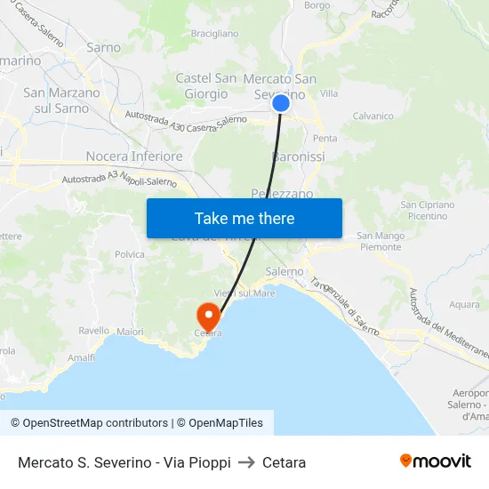 Mercato S. Severino - Pioppi Street to Cetara map