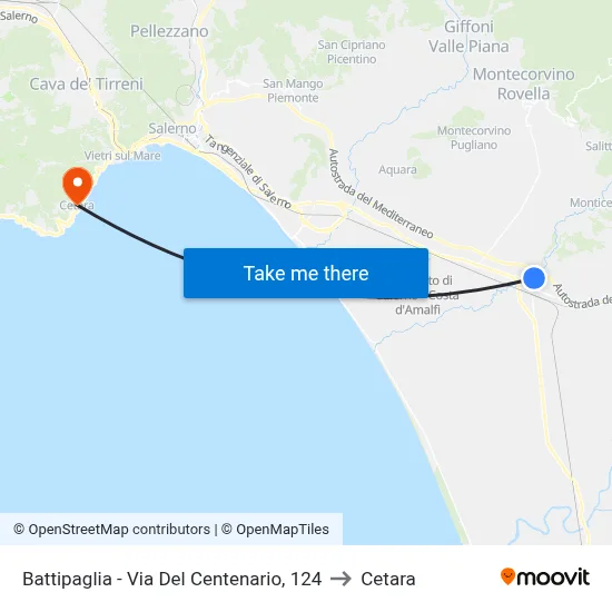 Battipaglia - Del Centenario Street, 124 to Cetara map