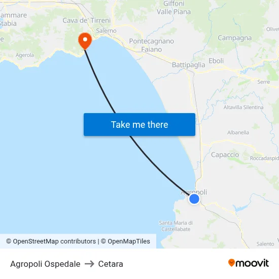 Agropoli Hospital to Cetara map