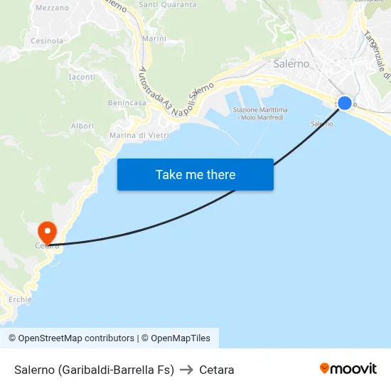 Salerno (Garibaldi-Barrella Station) to Cetara map