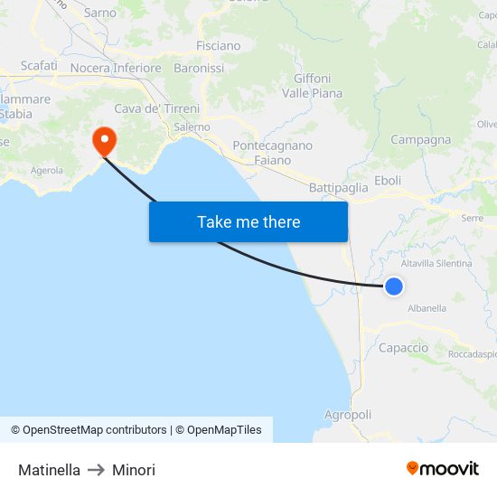 Matinella to Minori map