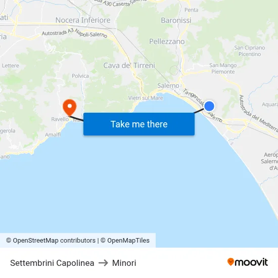 Settembrini Terminal to Minori map