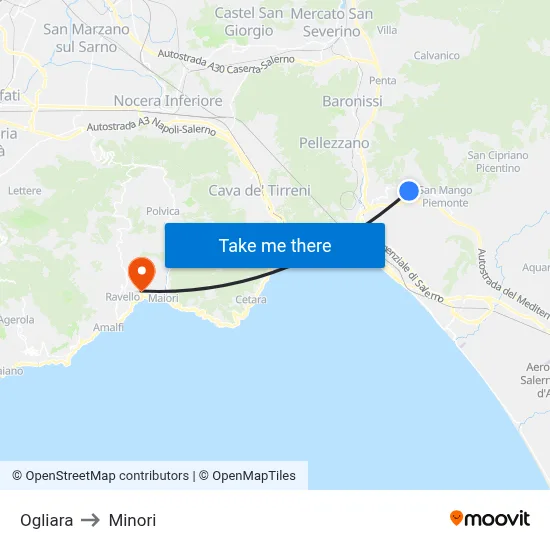 Ogliara to Minori map