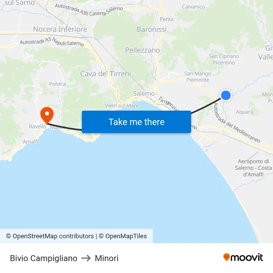 Campigliano Junction to Minori map