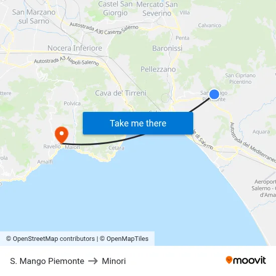 S. Mango Piemonte to Minori map