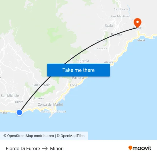 Furore Fjord to Minori map