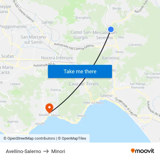 Avellino-Salerno to Minori map