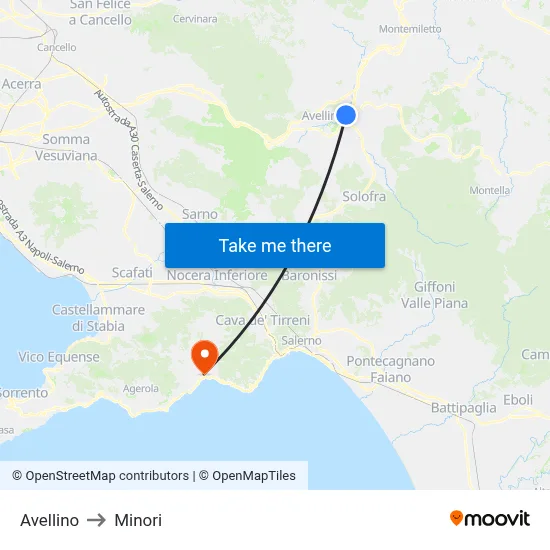 Avellino to Minori map