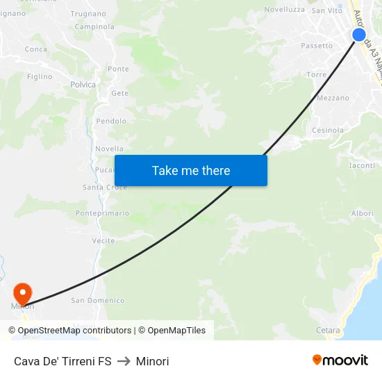 Cava De' Tirreni Station to Minori map
