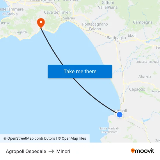 Agropoli Hospital to Minori map