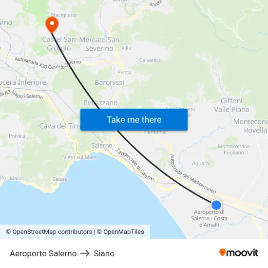 Salerno Airport to Siano map