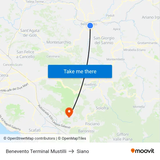 Benevento Mustilli Terminal to Siano map