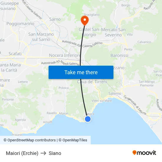 Maiori (Erchie) to Siano map