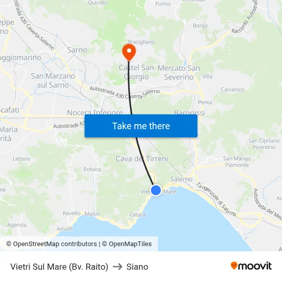 Vietri Sul Mare (Raito Junction) to Siano map