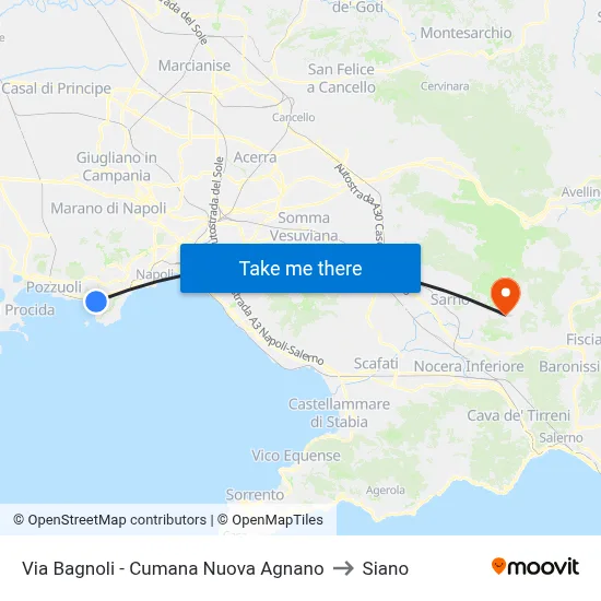 Via Bagnoli - New Cumana Agnano to Siano map