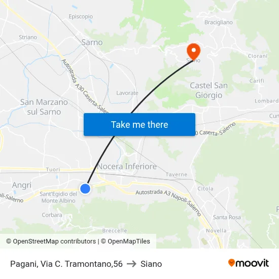 Pagani, C. Tramontano Street, 56 to Siano map