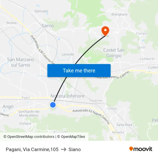 Pagani, Via Carmine, 105 to Siano map