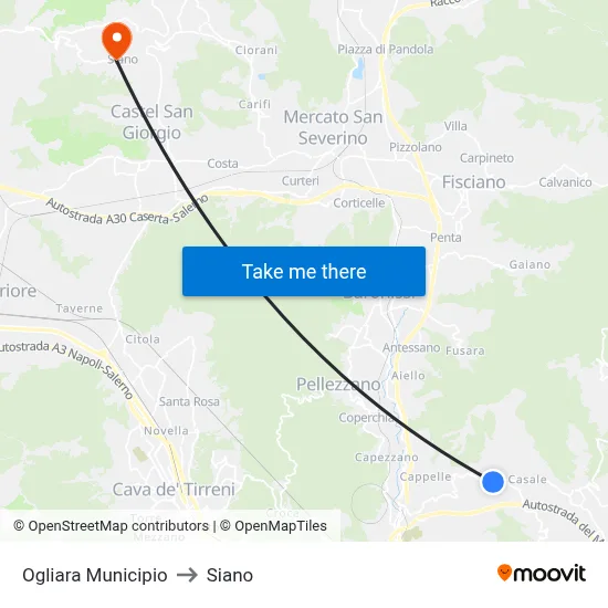 Ogliara Town Hall to Siano map