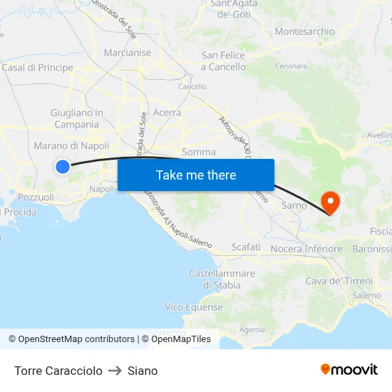 Caracciolo Tower to Siano map